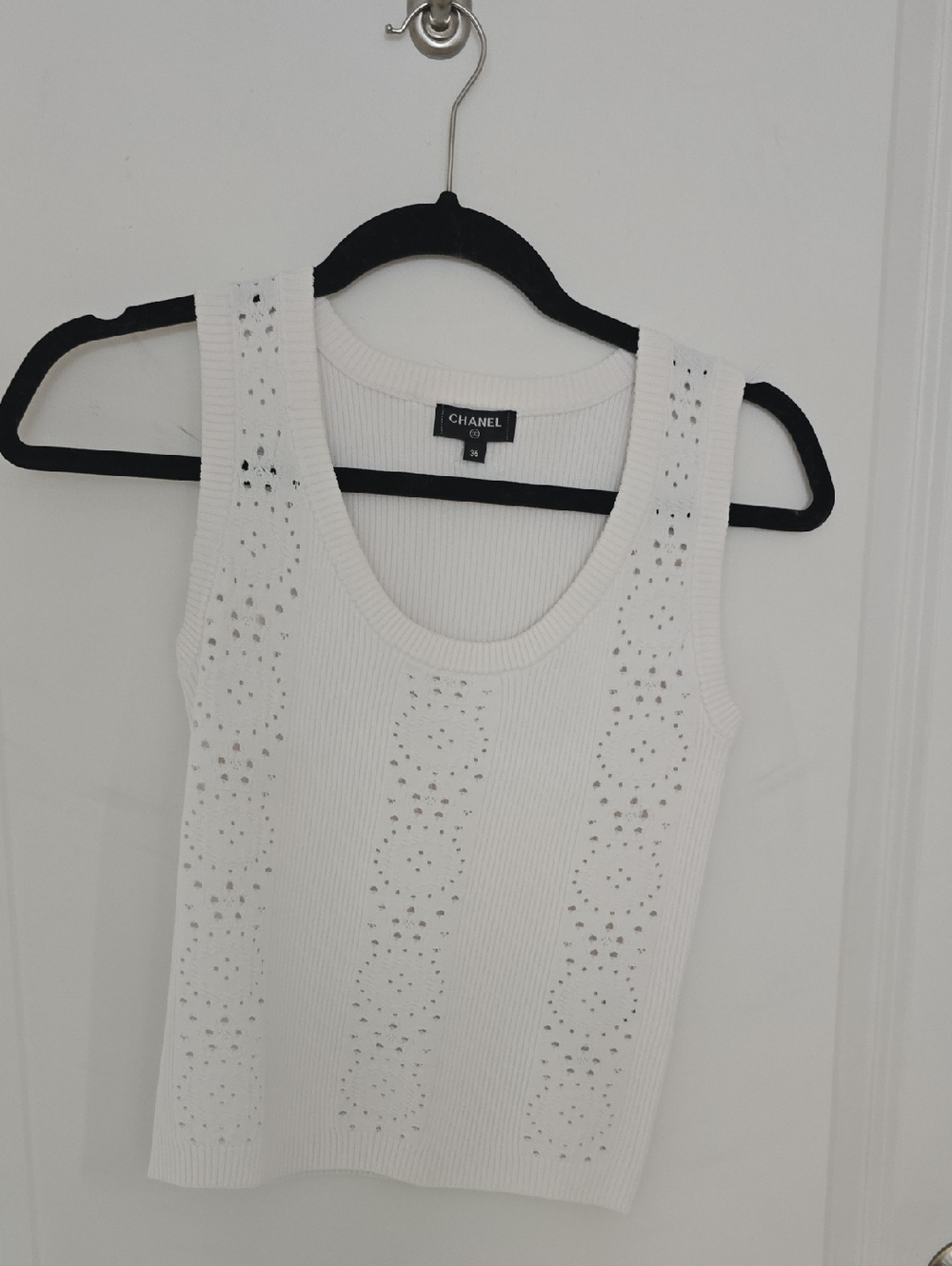 CHANEL White Ribbed Eyelet Knit Tank Top